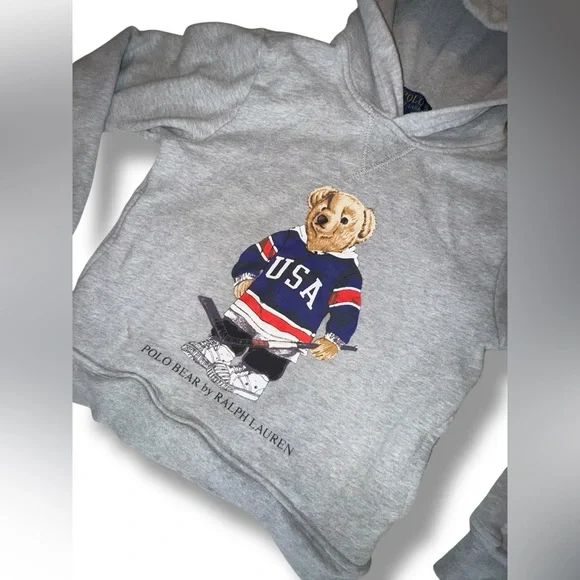 Polo Ralph Lauren Kids 8 Polo Bear USA Gray Hoodie | Hockey Bear Sweatshirt - Picture 3 of 9